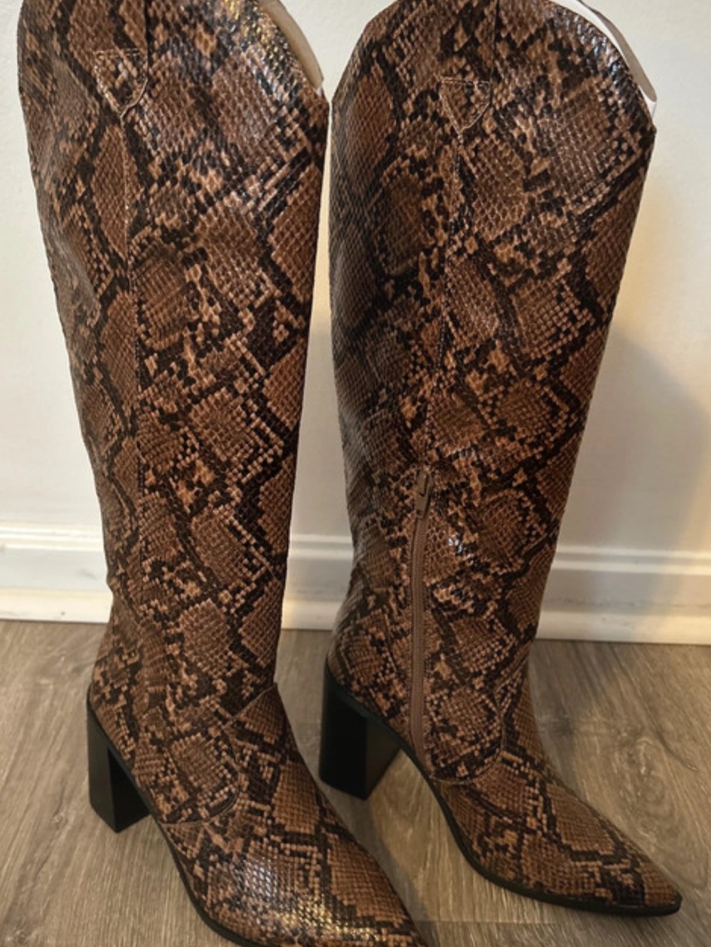 Brown Snake-Print Knee-High Boots - Women's Block Heel Fashion Boots